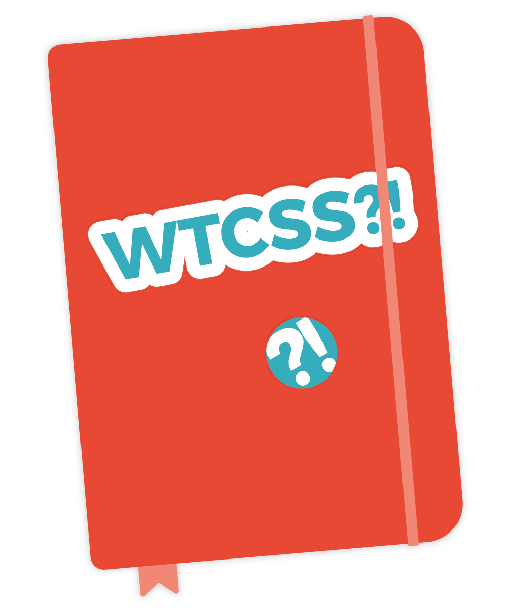 illustration of a red notebook with a What the CSS?! logo (question mark and exclamation point) on it.