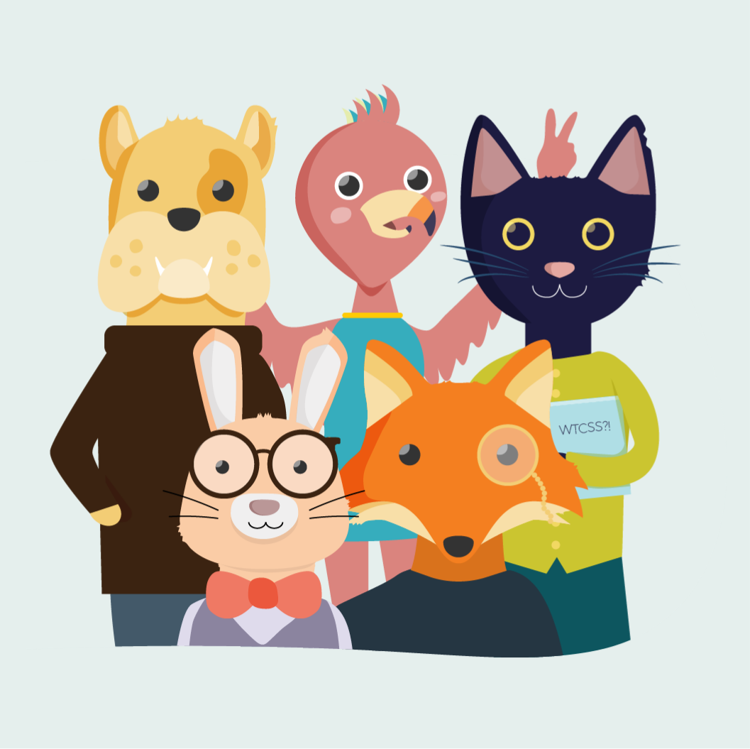 Family portrait of What the CSS?! mascots including a bull dog, a flamingo, a black cat, a bunny and a fox all wearing clothing.